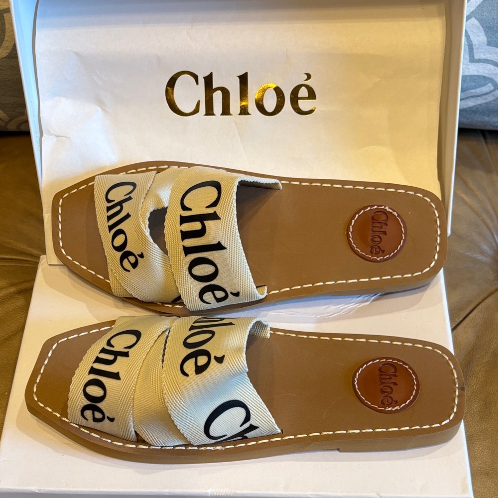 Chloe Cream and Brown Logo Sandals